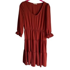 REB. IN J. Rust V-Neck Tiered 3/4 Sleeve Length Ladies Dress, Made in the USA, M